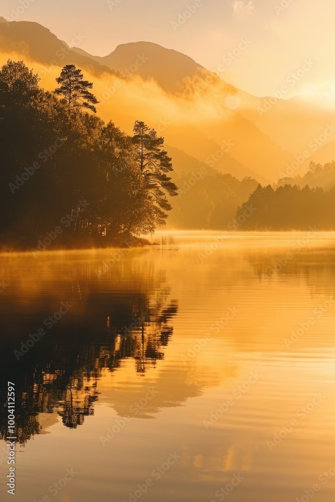 Poster sunset scenery over a lake with trees and mountains in the background, suitable for travel or nature