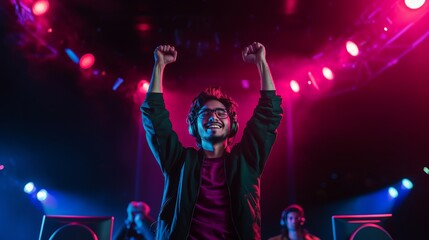 Joyful esports gamer celebrates victory in online championship tournament with front view portrait
