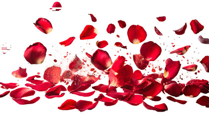 red rose petals falling Splashes on a white isolated background. Generative AI.