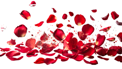 red rose petals falling Splashes on a white isolated background. Generative AI.