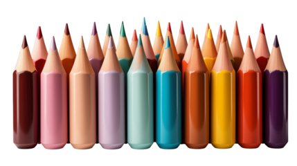 Colored Pencils in Wooden Holder, studio view, isolated on white background.