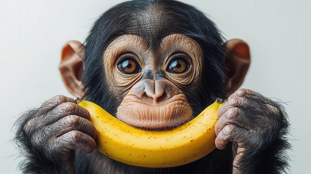 chimpanzee with a banana playfully raised towards the camera set against a clean white background emphasizing its curious expression and vibrant brown fur