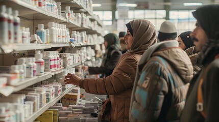 Refugee group of people shopping in a pharmacy store aisle