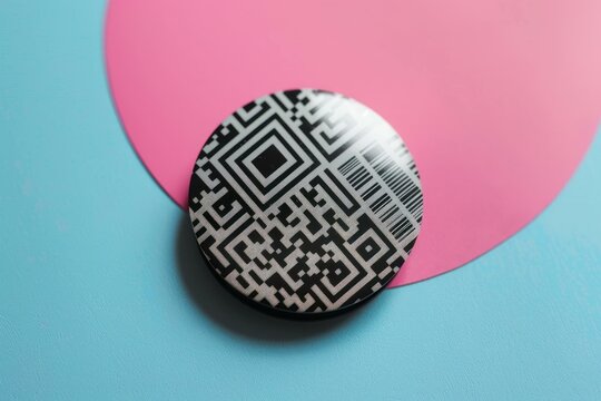 Black and white qr code is laying on a bright blue and pink background