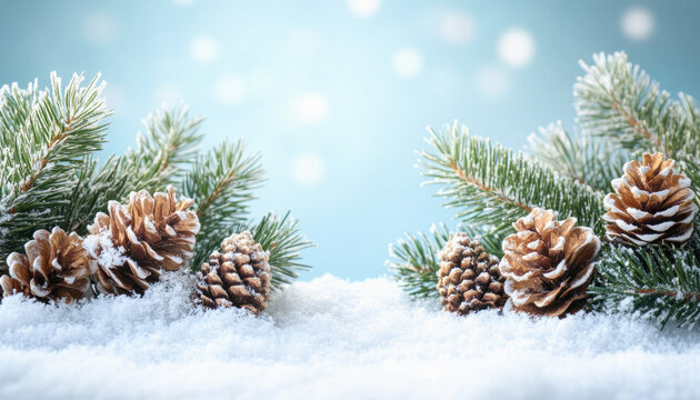 Christmas pine cones and fir branches resting on snow with sparkling background