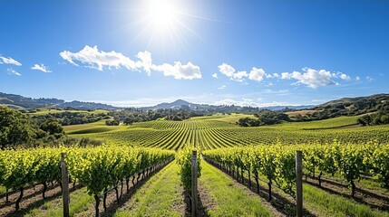 Fototapeta premium Vineyard Landscape with Green Vines and Blue Sky