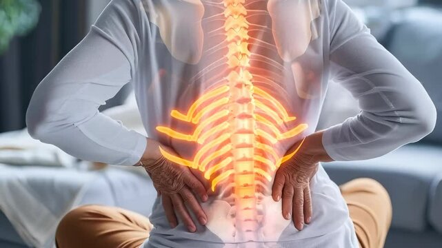 Lower spine distress: vivid visualization of pain concentrated in coccyx, lower back region, highlighting discomfort and tension in spine, emphasizing impact on posture and mobility.