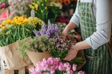 Woman hand packing flower bourquet gardening outdoors nature.