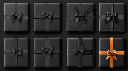 The image showcases an arrangement of stylish black gift boxes adorned with ribbons and bows, set against a dark background. Ideal for Black Friday advertising and holiday retail themes