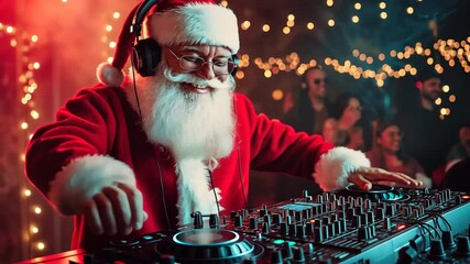 A man dressed as Santa Claus is playing a DJ set. He is wearing headphones and a red jacket