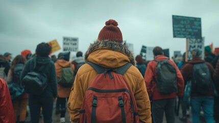 Obraz premium Back view of protestor in beanie at climate march with signs in background under cloudy skies