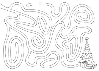 Christmas maze graphic black white sketch illustration vector 