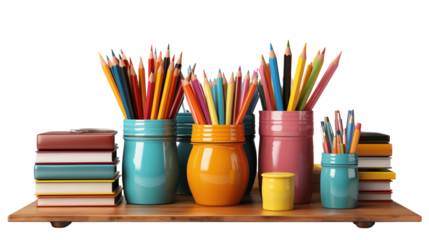 Colorful school supplies on desk, pencils, markers, and notebooks, studio view, isolated on white background.