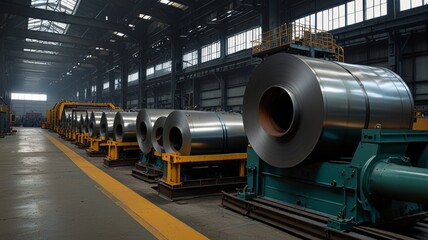 Fototapeta premium Automated steel rolling in a modern plant, showcasing robotic manufacturing technology