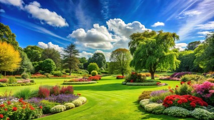 Picturesque green park with lush trees and vibrant flowers under a clear blue sky with fluffy white clouds