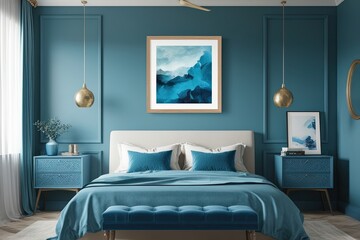 Modern Artwork Frame Mockup in Serene Blue Bedroom Interior Design