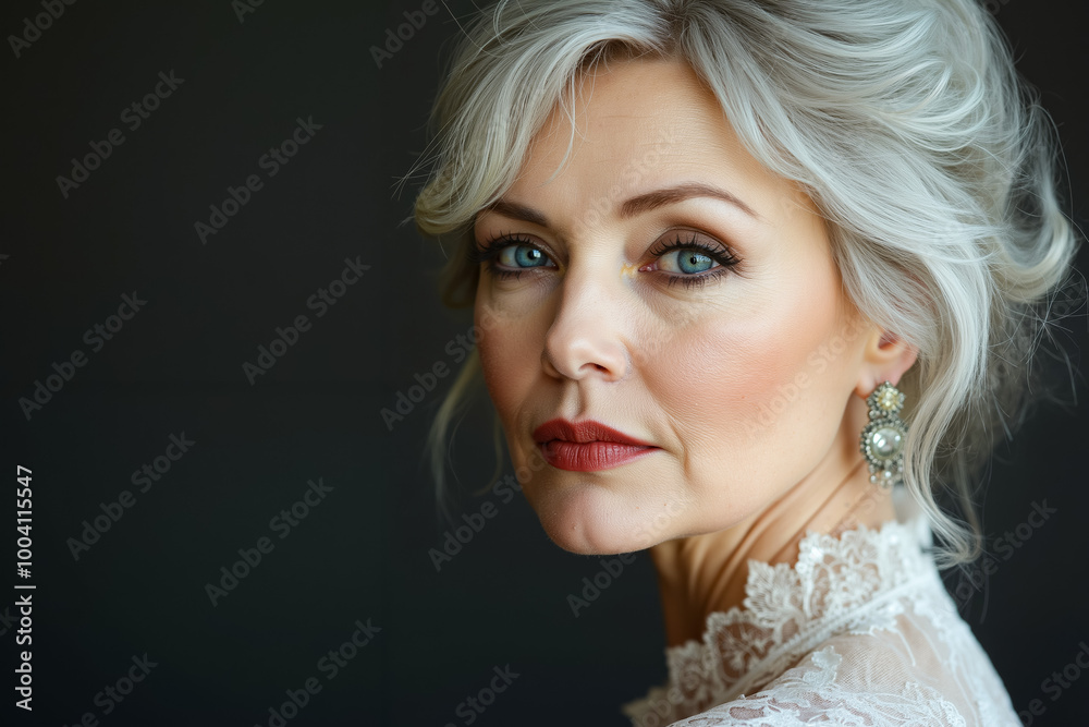 Poster A woman with grey hair and blue eyes wearing a white dress