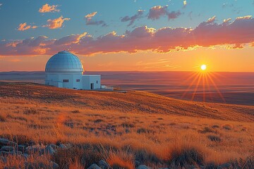 A large white dome building sits on a hill in a field