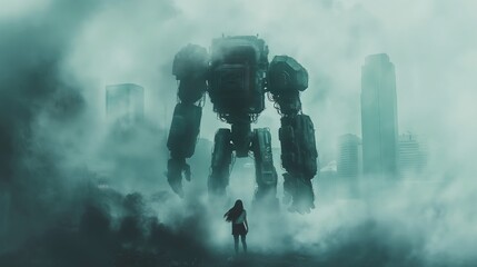 Silhouette confronts giant robot amidst foggy cityscape: futuristic encounter
