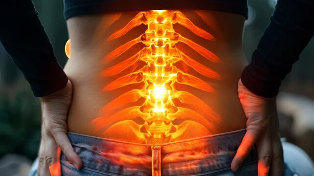 Coccyx strain: visual depiction of pain radiating from coccyx and lower back area, showcasing spinal discomfort, physical strain associated with chronic low back pain.