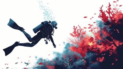 Silhouette diver exploring vibrant coral reef in abstract ocean art
