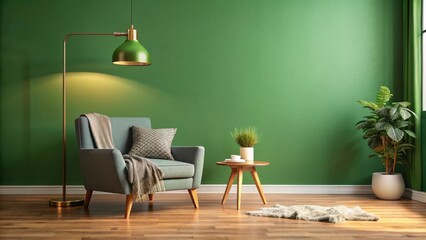 Modern corner room interior with green wall background, chair, lamp, blanket, pillow cozy home decor design with vibrant colors and stylish furniture