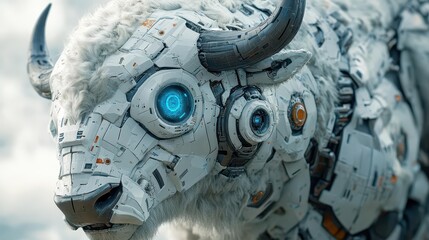 Fototapeta premium closeup of a futuristic robot bison showcasing intricate design elements that highlight the evolution of animals through robotics and technology