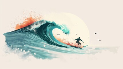 Fototapeta premium Surfer riding a giant wave with vibrant colors and ocean spray illustrative design