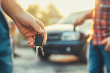 Close-up of two people exchanging car keys at an auto dealership or service center