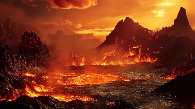 A fiery landscape with molten lava flowing between jagged mountains under an orange sky