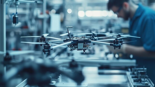 Technician  assembling a drone in a workshop with other drones in the background