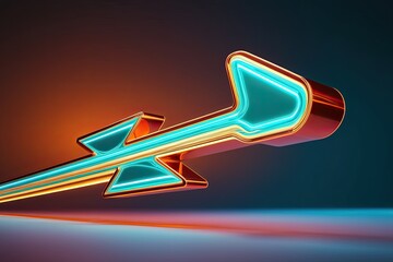 Naklejka premium Dynamic Neon Arrow in 3D Illustration of Speed and Innovation Featuring Amber and Teal Patterns