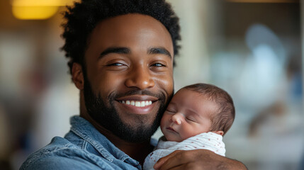 Happy father smiling while holding newborn baby in his arms. Proud dad bonding with child, family love, parental joy, new parent, affectionate, tender moment, fatherhood