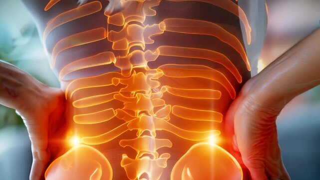 Coccyx strain: visual depiction of pain radiating from coccyx and lower back area, showcasing spinal discomfort, physical strain associated with chronic low back pain.
