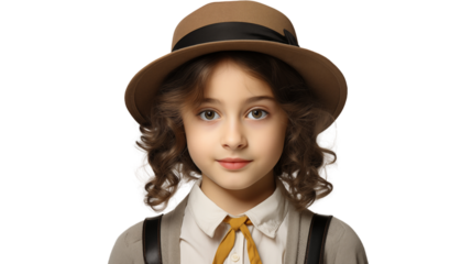 Elementary school girl photography, studio view, isolated on white background.