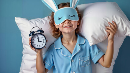 A cheerful child wearing a bunny sleep mask, holding an alarm clock and surrounded by fluffy pillows. Perfect for sleep-related products, children's bedtime stories, or playful marketing campaigns
