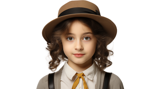 Elementary school girl photography, studio view, isolated on white background.