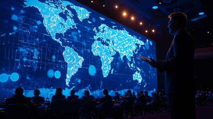 Investigative journalist presenting groundbreaking findings on a large stage at the Global Summit, a backdrop of world maps and media logos. Ai generated