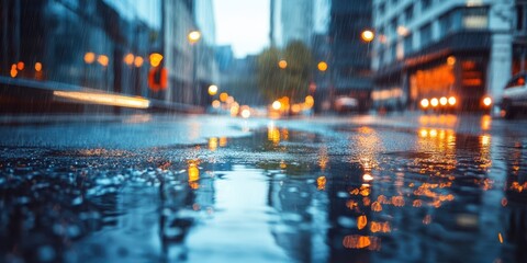 Fototapeta premium A serene urban scene showcasing a wet street reflecting city lights after rain, creating a tranquil yet vibrant atmosphere.
