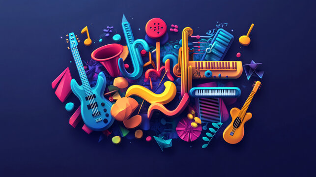 A vibrant logo for a music festival, showcasing instruments and fun elements.