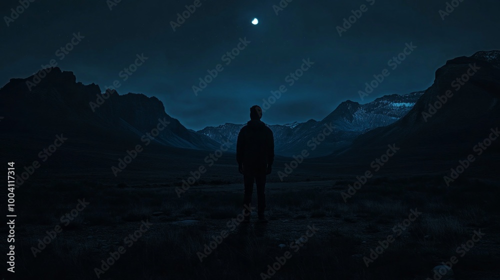 Wall mural a man stands in a field at night, looking up at the moon