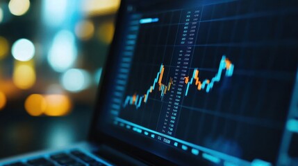 A close-up of a laptop displaying a financial market graph with fluctuating data.