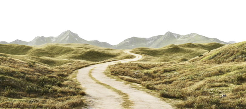 Dirt road through grassy hills and mountains, cut out