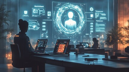 Office with futuristic holographic assistant interface