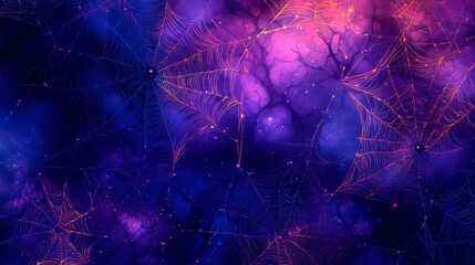 Abstract Digital Art of Neon Spider Webs Against a Cosmic Purple and Blue Background