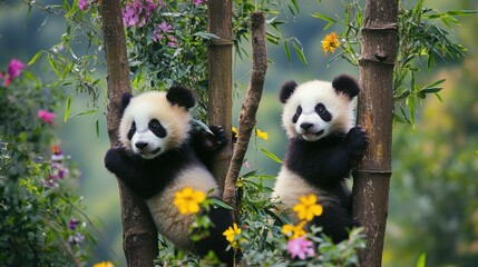 Obraz premium Playful Baby Pandas Climbing Trees in Vibrant Forest