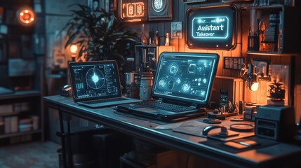 Technical Workspace with Dual Screens and AI System