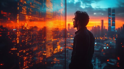 Man gazes at glowing cityscape data display screen