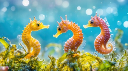 Baby Seahorses Play Around Seaweed in Ocean