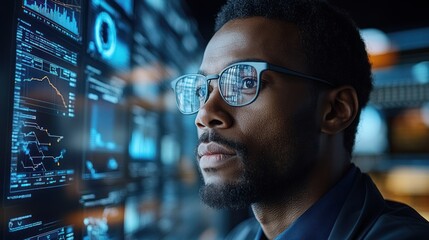 Focused man examines data on digital screen display